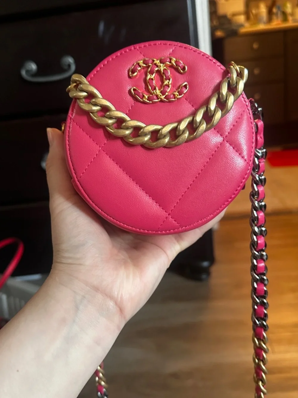 CHANEL Hot Pink Quilted Round Mini Crossbody with Gold Chain - Picture 14 of 16